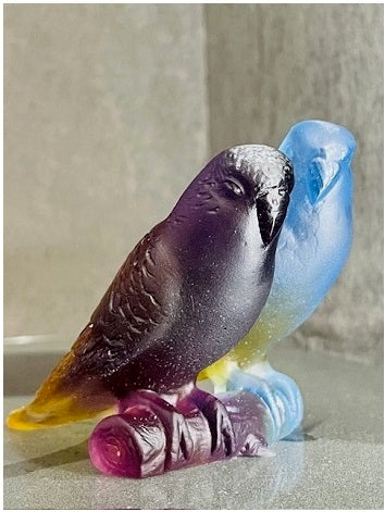 Cristal Daum : Couple de perruches ambre